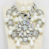 91042, RHINESTONE WITH PEARL CHARM STATEMENT NECKLACE