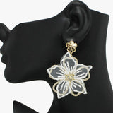 91054, FABRIC FLOWER WITH RHINESTONE DANGLE EARRING