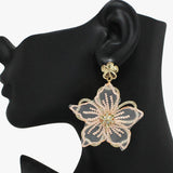 91054, FABRIC FLOWER WITH RHINESTONE DANGLE EARRING