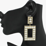 91089, RECTANGLE PEARL & RHINESTONE CRYSTAL DANGLE EARRING, WEDDING, BRIDAL, PROM