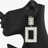 91089, RECTANGLE PEARL & RHINESTONE CRYSTAL DANGLE EARRING, WEDDING, BRIDAL, PROM