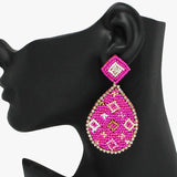 91091, MULTI PRINT TEARDROP SEED BEADED EARRING