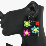 91098, FLOWER PRINT SQUARE SEED BEADED EARRING