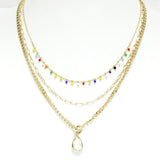 91134, GLASS STONE CHARM TRIPLE LAYERED NECKLACE