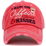 91275, "I RUN ON CAFFEINE & KISSES" WASHED VINTAGE BALL CAP