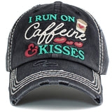 91275, "I RUN ON CAFFEINE & KISSES" WASHED VINTAGE BALL CAP