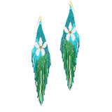 91282, LONG FLOWER PRINT SEED BEAD FRINGE EARRING