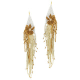 91282, LONG FLOWER PRINT SEED BEAD FRINGE EARRING
