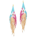 91282, LONG FLOWER PRINT SEED BEAD FRINGE EARRING