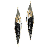 91282, LONG FLOWER PRINT SEED BEAD FRINGE EARRING