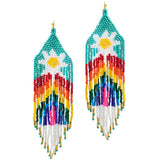 91563, LONG FLOWER PRINT SEED BEAD FRINGE EARRING