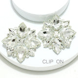 91676, OVERSIZED RHINESTONE EVENING CLIP ON EARRING, WEDDING, BRIDAL, PROM