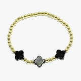 91719, TRIPLE CLOVER ACCENT STAINLESS STEEL BALL BEAD STRETCH BRACELET