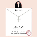 91926, "JOHN 15:13" GOLD DIPPED, DAINTY CROSS CUBIC ZIRCONIA CHARM NECKLACE, RELIGIOUS
