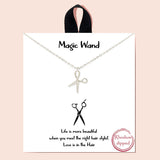 91936, "MAGIC WAND" GOLD DIPPED, DAINTY SCISSORS CUBIC ZIRCONIA CHARM PENDANT NECKLACE