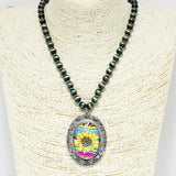 91987, WESTERN SUNFLOWER GLASS BUBBLE PENDANT NAVAJO BEAD NECKLACE