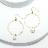 92007, HAMMERED ROUND METAL WITH FRESHWATER PEARL DANGLE EARRING