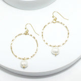 92007, HAMMERED ROUND METAL WITH FRESHWATER PEARL DANGLE EARRING