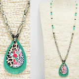 Western Cross Leopard Print Wooden Teardrop Long Bead Necklace