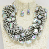92107, MULTI RHINESTONE CLUSTER CHAIN STATEMENT NECKLACE