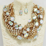 92107, MULTI RHINESTONE CLUSTER CHAIN STATEMENT NECKLACE