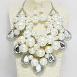 92111, TEARDROP RHINESTONE WITH PEARL CLUSTER STATEMENT NECKLACE
