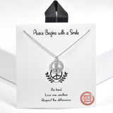 92378, GOLD DIPPED, "PEACE BEGINS WITH A SMILE" PEACE SIGN CZ CHARM NECKLACE