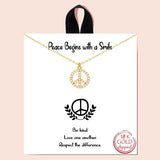 92378, GOLD DIPPED, "PEACE BEGINS WITH A SMILE" PEACE SIGN CZ CHARM NECKLACE