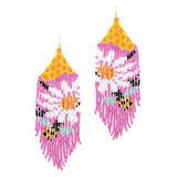 93774, FLOWER & BEE PRINT SEED BEAD FRINGE EARRING