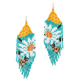 93774, FLOWER & BEE PRINT SEED BEAD FRINGE EARRING