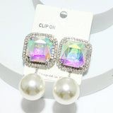 93838, RECTANGLE RHINESTONE WITH CHUNKY PEARL DANGLE CLIP ON EARRING