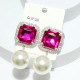 93838, RECTANGLE RHINESTONE WITH CHUNKY PEARL DANGLE CLIP ON EARRING