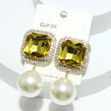 93838, RECTANGLE RHINESTONE WITH CHUNKY PEARL DANGLE CLIP ON EARRING