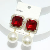 93838, RECTANGLE RHINESTONE WITH CHUNKY PEARL DANGLE CLIP ON EARRING