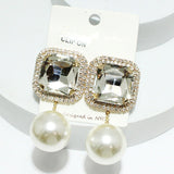 93838, RECTANGLE RHINESTONE WITH CHUNKY PEARL DANGLE CLIP ON EARRING