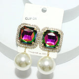 93838, RECTANGLE RHINESTONE WITH CHUNKY PEARL DANGLE CLIP ON EARRING