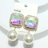 93838, RECTANGLE RHINESTONE WITH CHUNKY PEARL DANGLE CLIP ON EARRING
