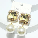 93838, RECTANGLE RHINESTONE WITH CHUNKY PEARL DANGLE CLIP ON EARRING