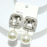 93838, RECTANGLE RHINESTONE WITH CHUNKY PEARL DANGLE CLIP ON EARRING