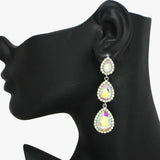 93850, TRIPLE TEARDROP RHINESTONE DROP EARRING, WEDDING, BRIDAL, PROM