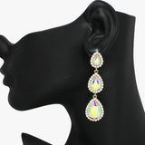 93850, TRIPLE TEARDROP RHINESTONE DROP EARRING, WEDDING, BRIDAL, PROM