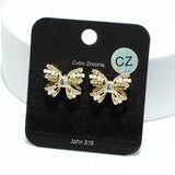 93909, RIBBON BOW CUBIC ZIRCONIA WITH PAVE RHINESTONE STUD EARRING