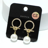 93915, KNOT PAVE CUBIC ZIRCONIA WITH PEARL DANGLE EARRING