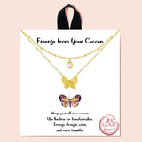 94107, GOLD DIPPED, "EMERGE FROM YOUR COCOON" BUTTERFLY CZ DOUBLE LAYERED NECKLACE