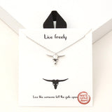 94115, GOLD DIPPED, "LIVE FREELY" WESTERN STEER HEAD PENDANT NECKLACE