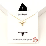 94115, GOLD DIPPED, "LIVE FREELY" WESTERN STEER HEAD PENDANT NECKLACE
