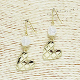 Gold Dipped, Waffle Heart with Freshwater Pearl Dangle Earring, Valentine's DAY