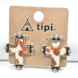 94236, WESTERN COW PRINT VELVET CROSS EARRING