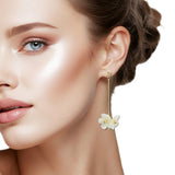 108428, GOLD DIPPED BRASS FLOWER PEARL ACCENT DROP DANGLE EARRING