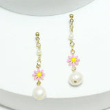 94301, GOLD DIPPED, FLOWER ACCENT FRESHWATER PEARL DROP DANGLE EARRING